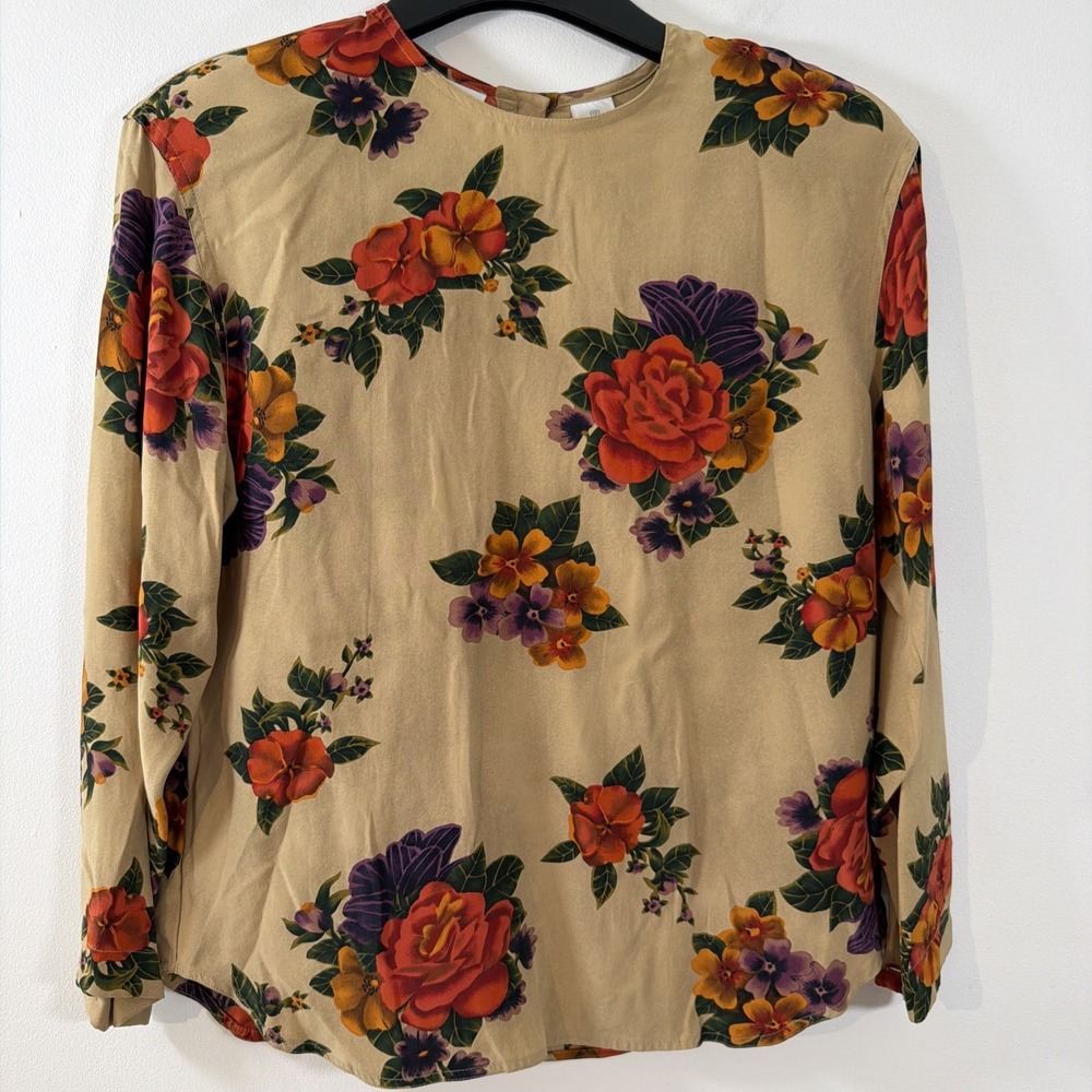 Vintage Liz Claiborne 100% Silk Long Sleeve Blouse Floral 8 Shoulder Pads Button